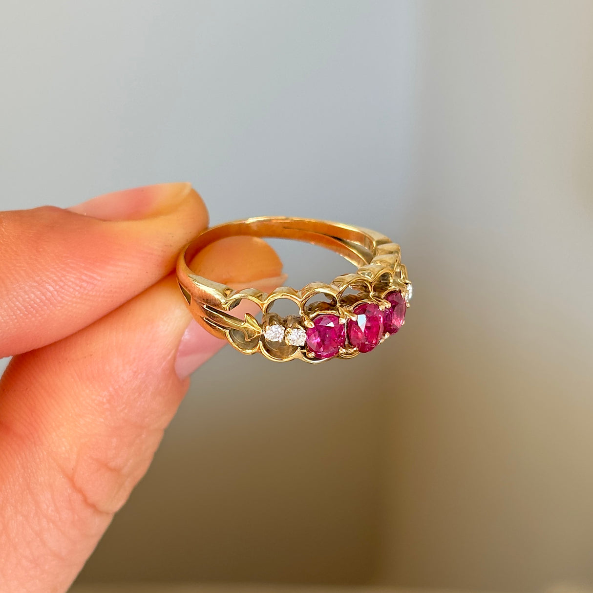 Vintage, 1990s ruby and diamond three-stone ring