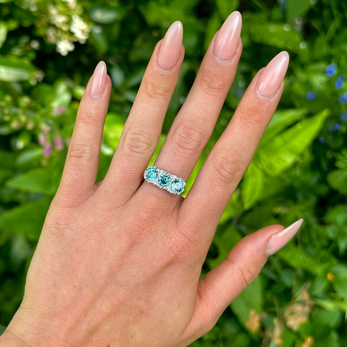 1930s Zircon and Diamond Three Stone Cluster Ring, 18ct Yellow Gold & Platinum worn on hand.