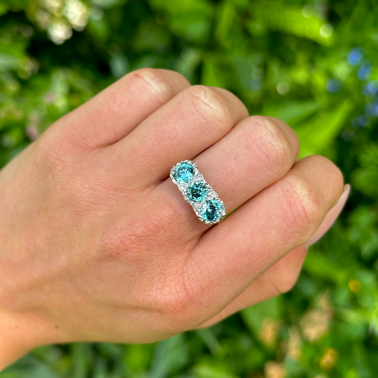 1930s Zircon and Diamond Three Stone Cluster Ring, 18ct Yellow Gold & Platinum worn on hand.