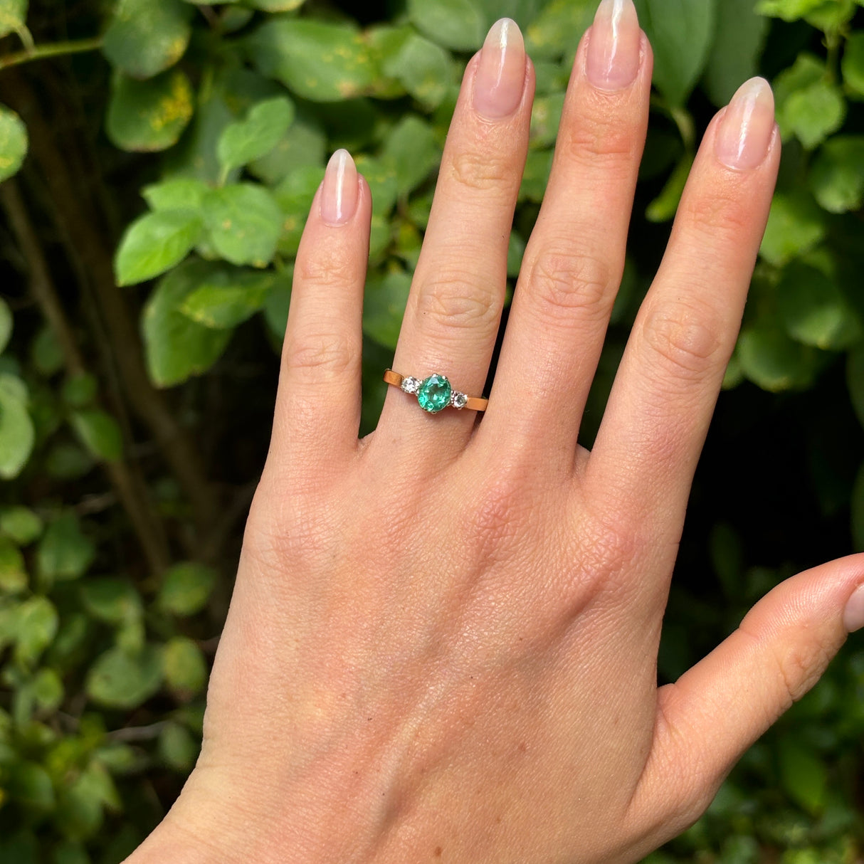 Vintage, 1970s emerald & diamond three-stone ring, 18ct yellow gold