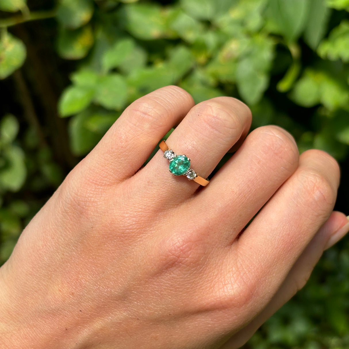 Vintage, 1970s emerald & diamond three-stone ring, 18ct yellow gold