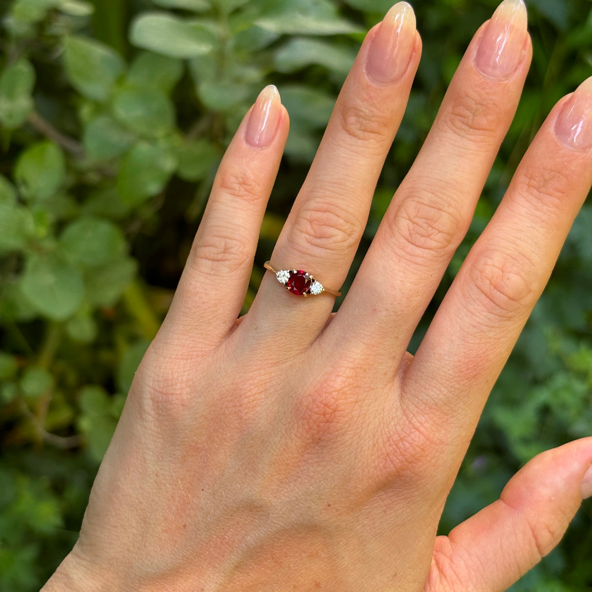 Vintage, Art Deco ruby & diamond three stone ring, 14ct yellow gold