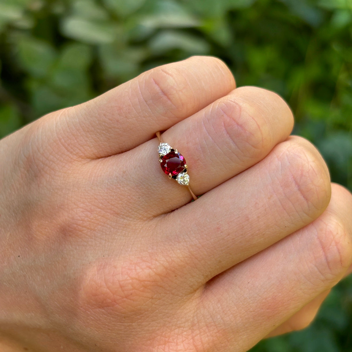 Vintage, Art Deco ruby & diamond three stone ring, 14ct yellow gold