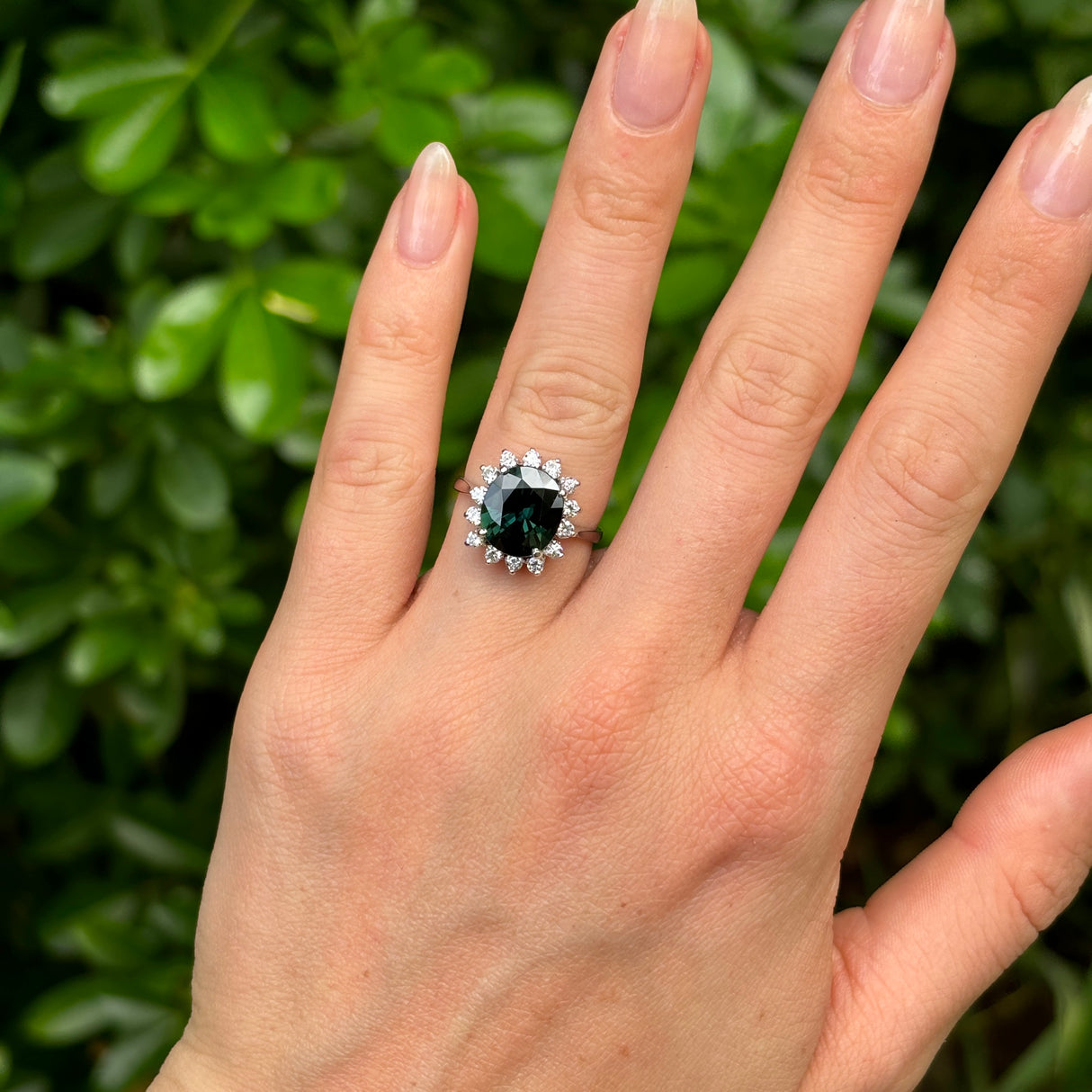 Vintage, 1980s teal sapphire & diamond cluster ring, 14ct white gold