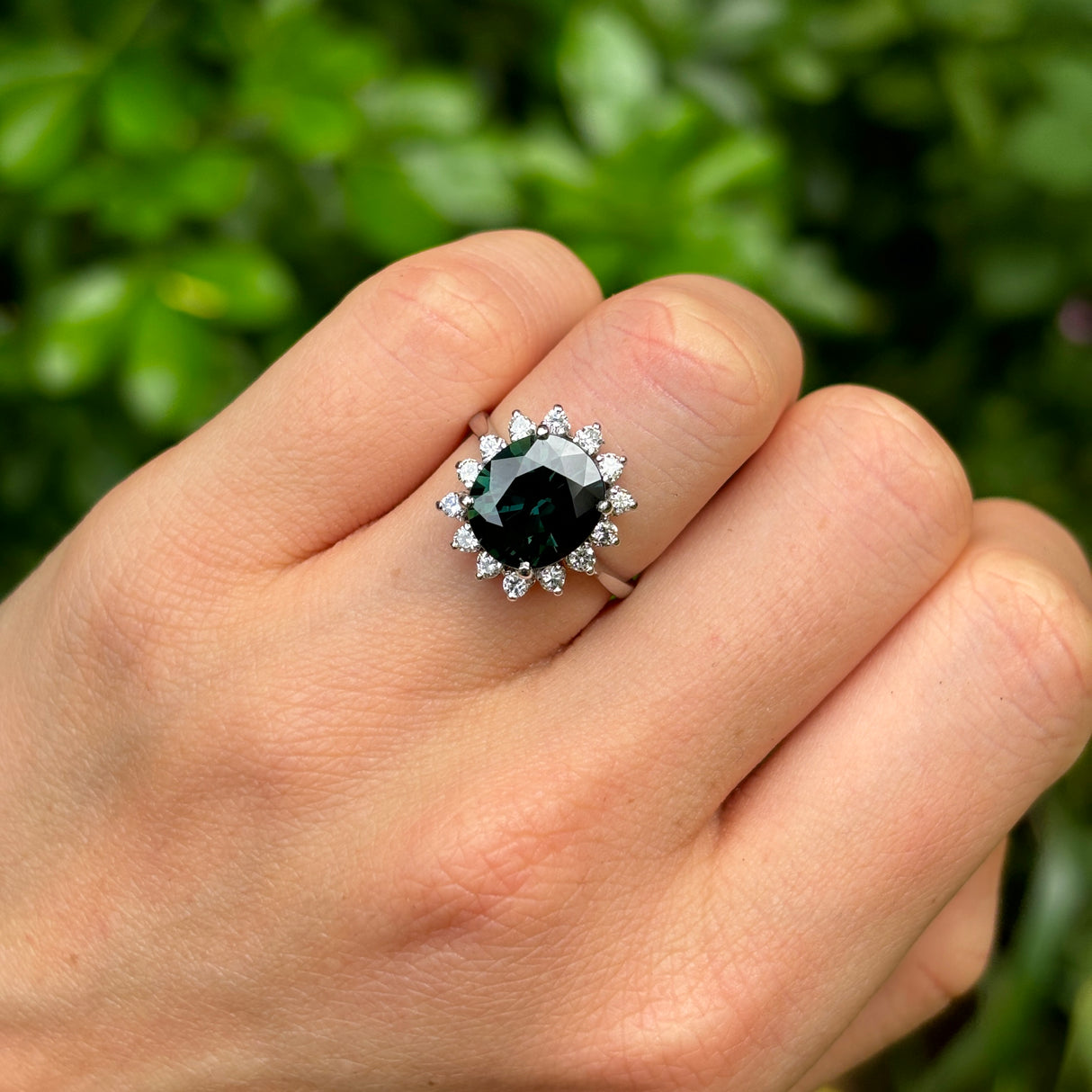 Vintage, 1980s teal sapphire & diamond cluster ring, 14ct white gold