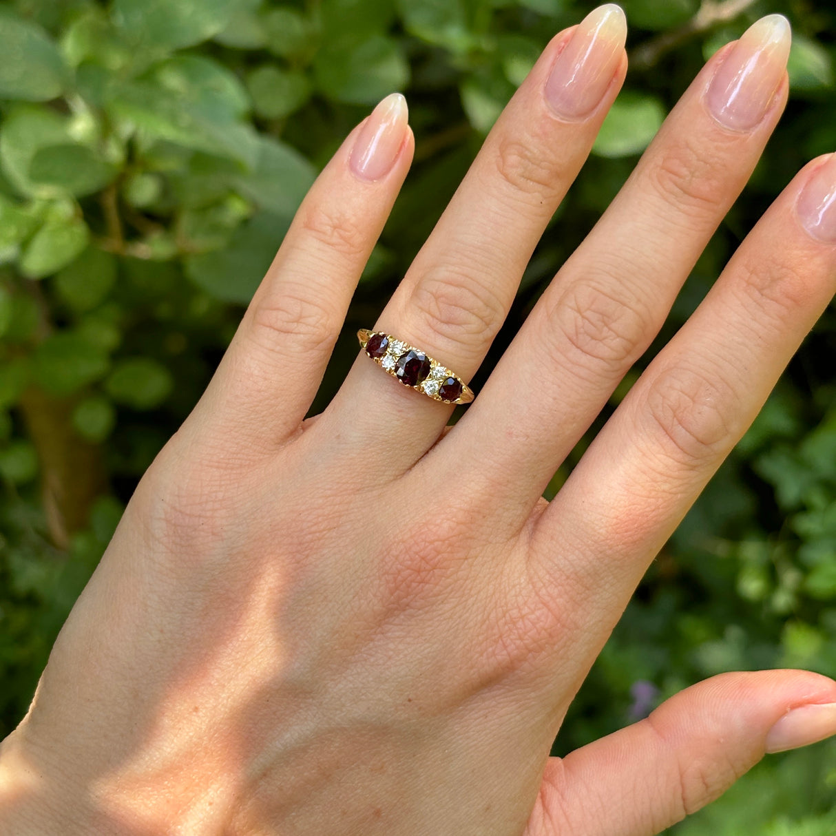 Vintage, 1970s ruby & diamond three-stone ring, 18ct yellow gold