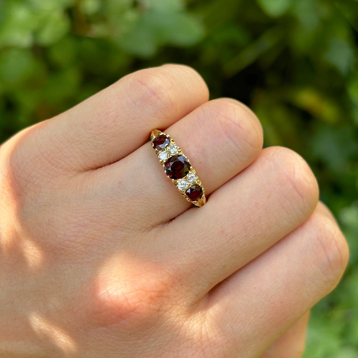Vintage, 1970s ruby & diamond three-stone ring, 18ct yellow gold