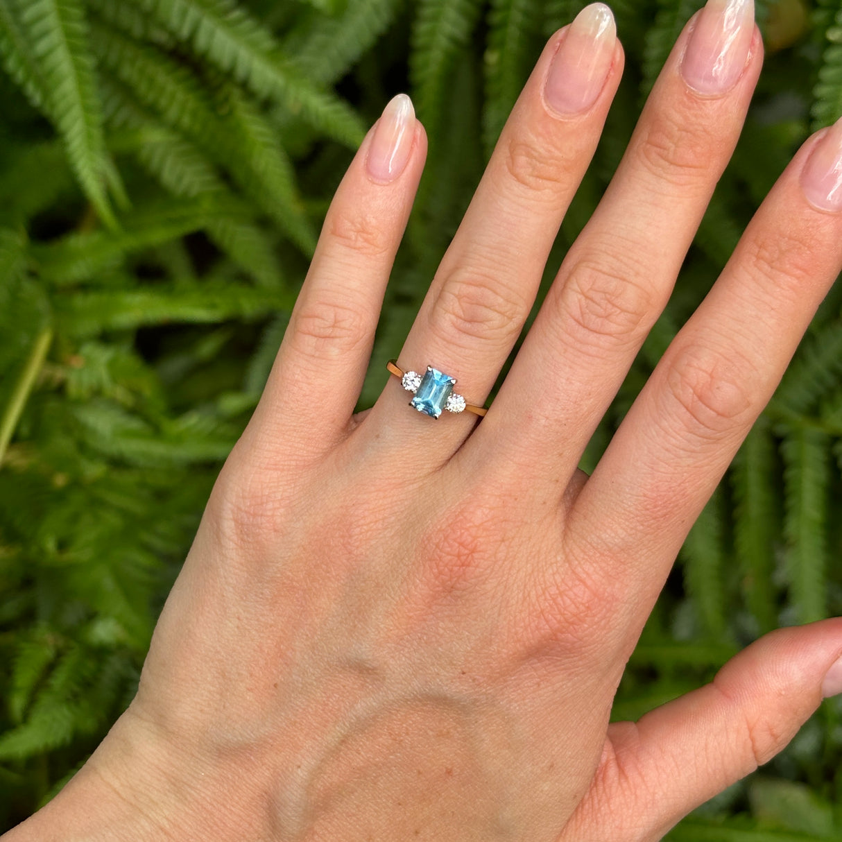 Vintage, aquamarine & diamond three-stone ring, 18ct yellow gold