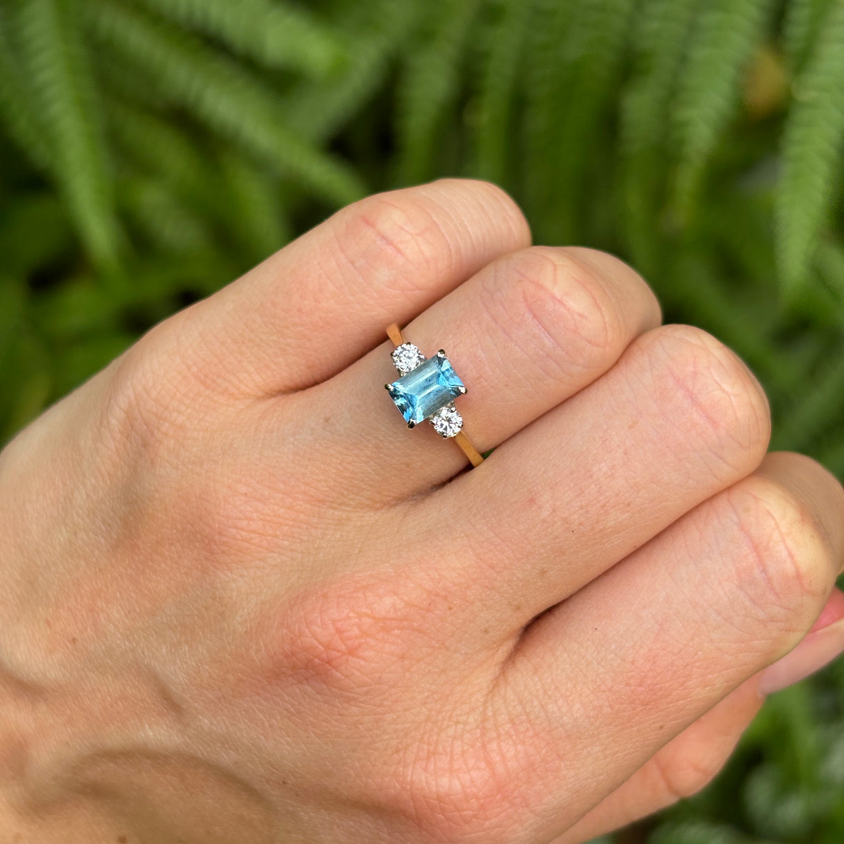 Vintage, aquamarine & diamond three-stone ring, 18ct yellow gold