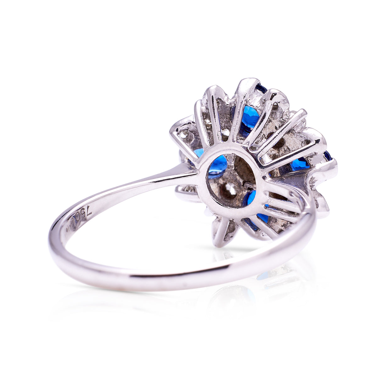 Sapphire and diamond cluster ring from 80s, back view.