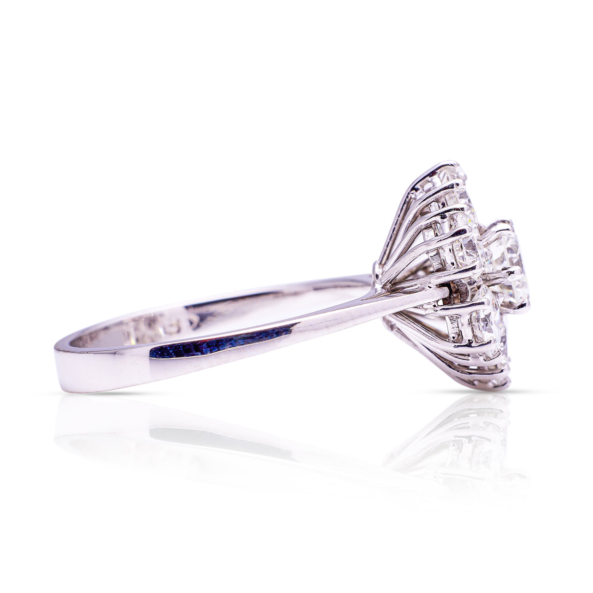 vintage diamond cluster ring, rear view.
