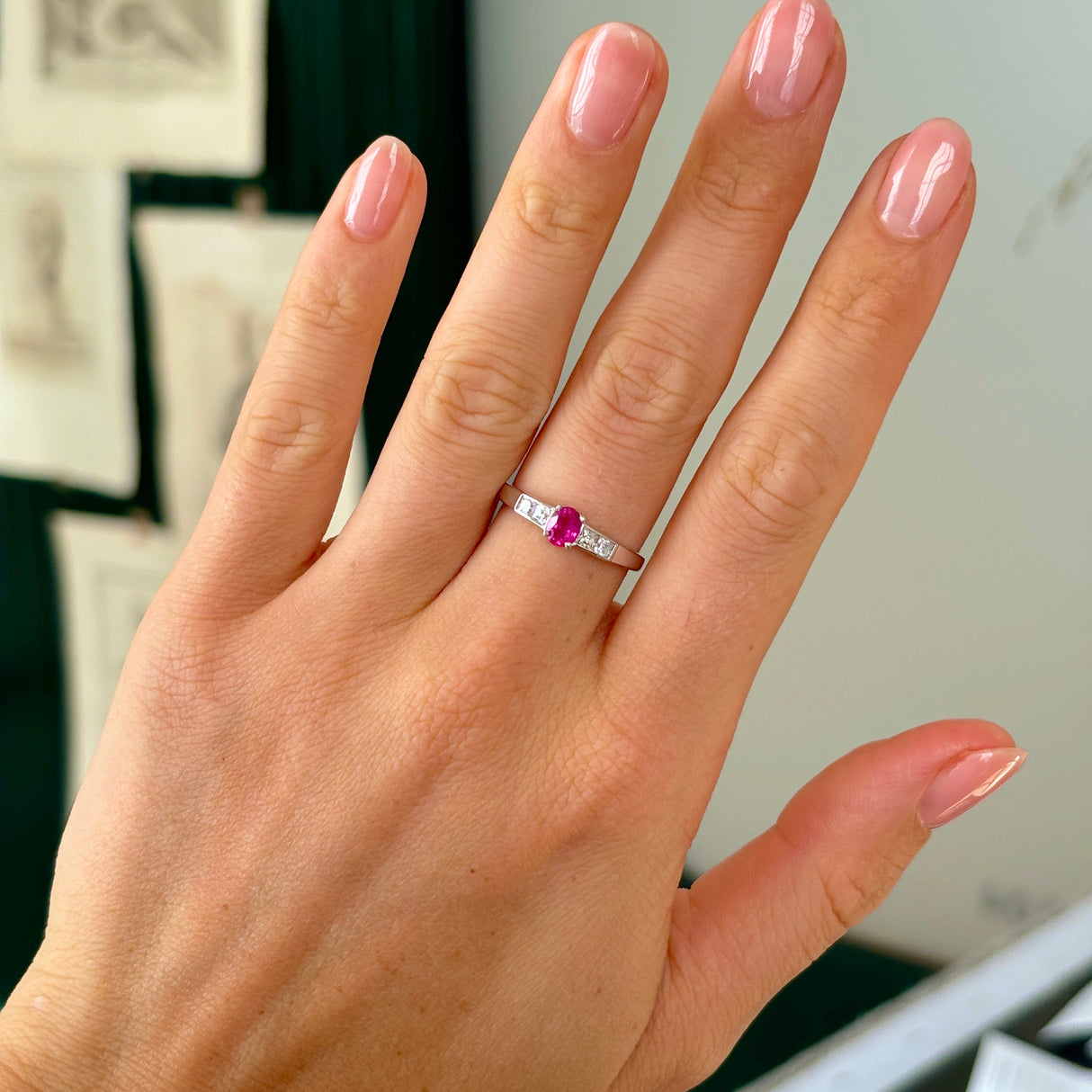 Vintage, 1990s pink sapphire & diamond ring, 14ct white gold on hand