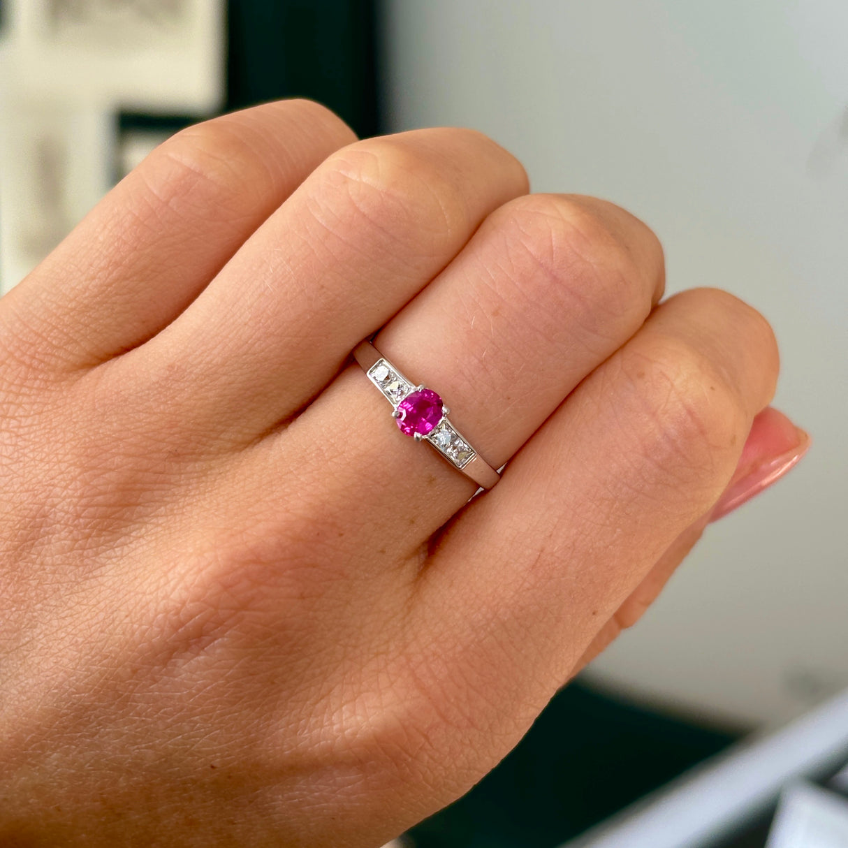 Vintage, 1990s pink sapphire & diamond ring, 14ct white gold on hand