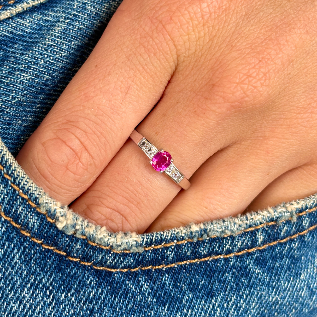 Vintage, 1990s pink sapphire & diamond ring, 14ct white gold on hand