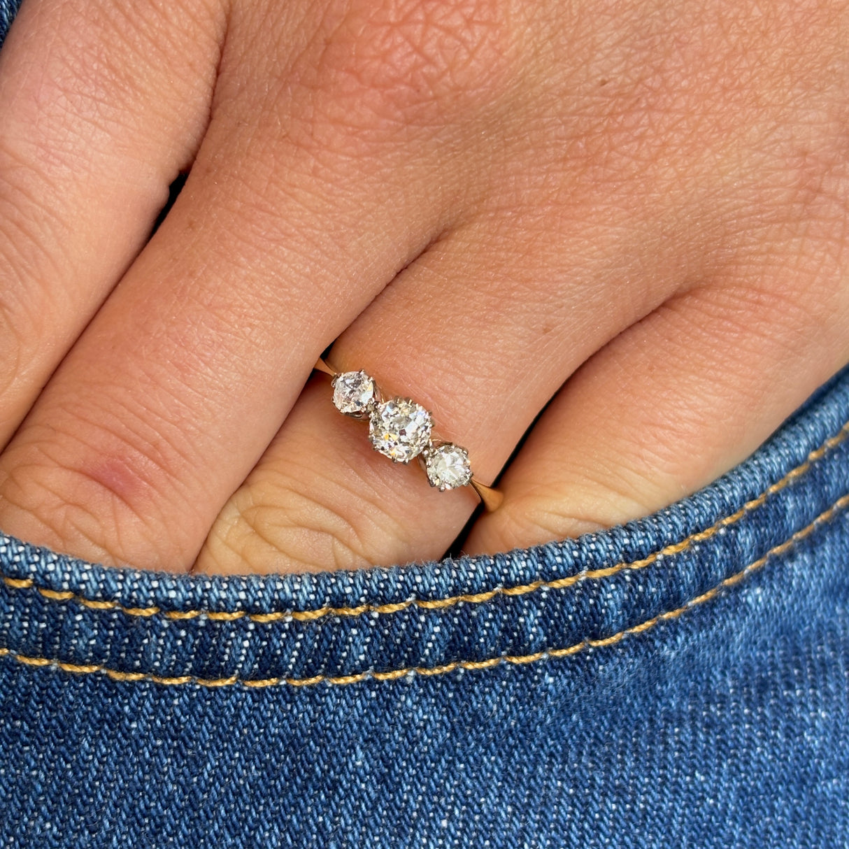 Antique, Edwardian three-stone diamond ring