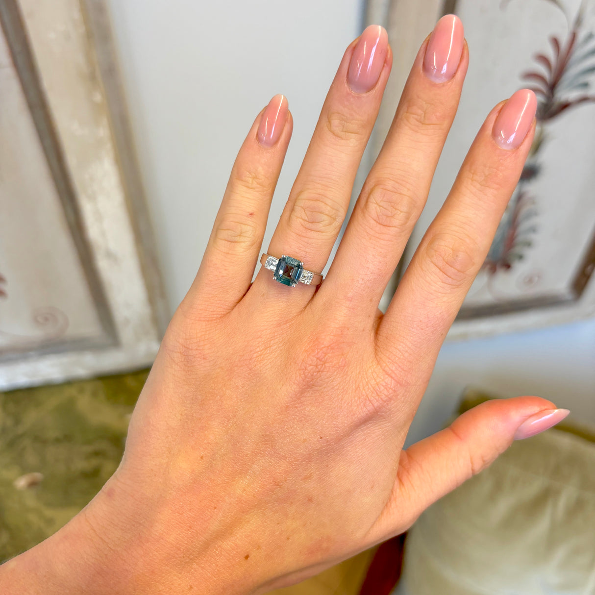 Vintage, 1930s teal sapphire & diamond three-stone ring