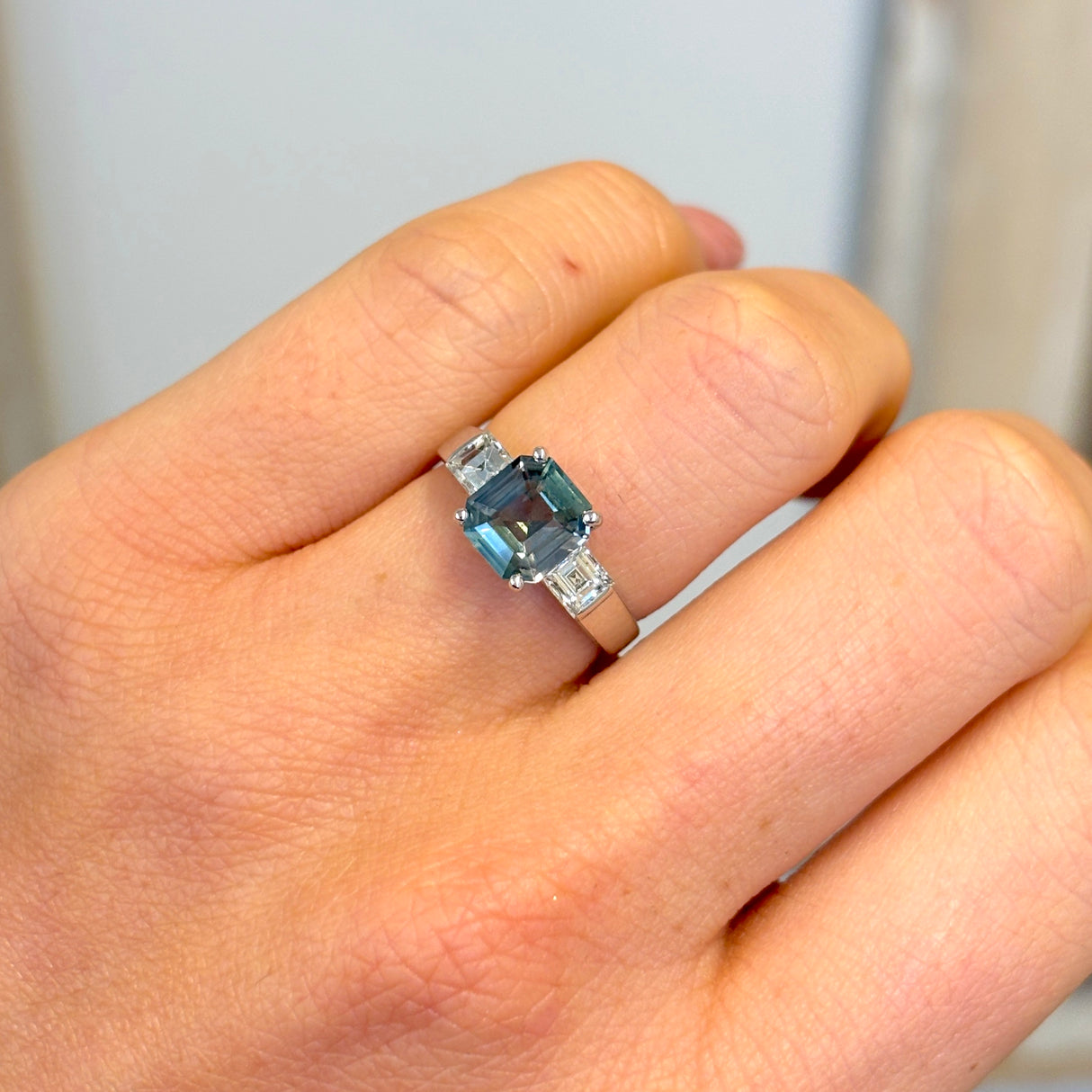 Vintage, green sapphire & diamond three-stone ring