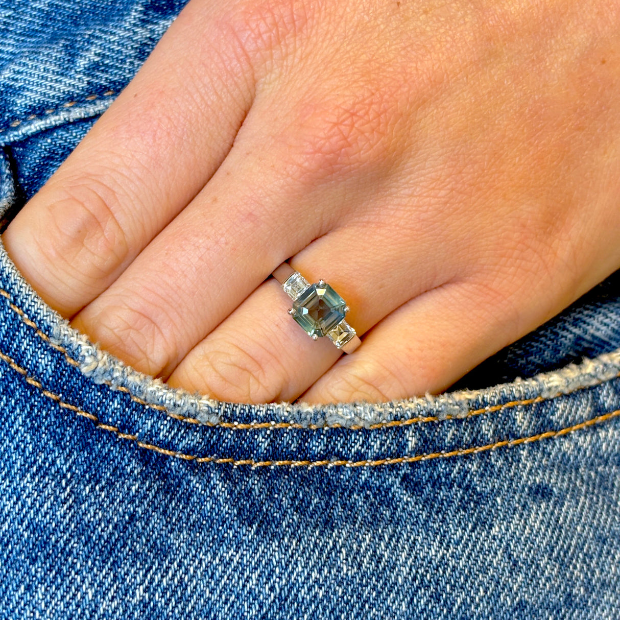 Vintage, 1930s teal sapphire & diamond three-stone ring