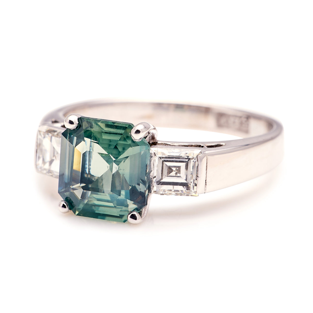 Vintage, 1930s teal sapphire & diamond three-stone ring