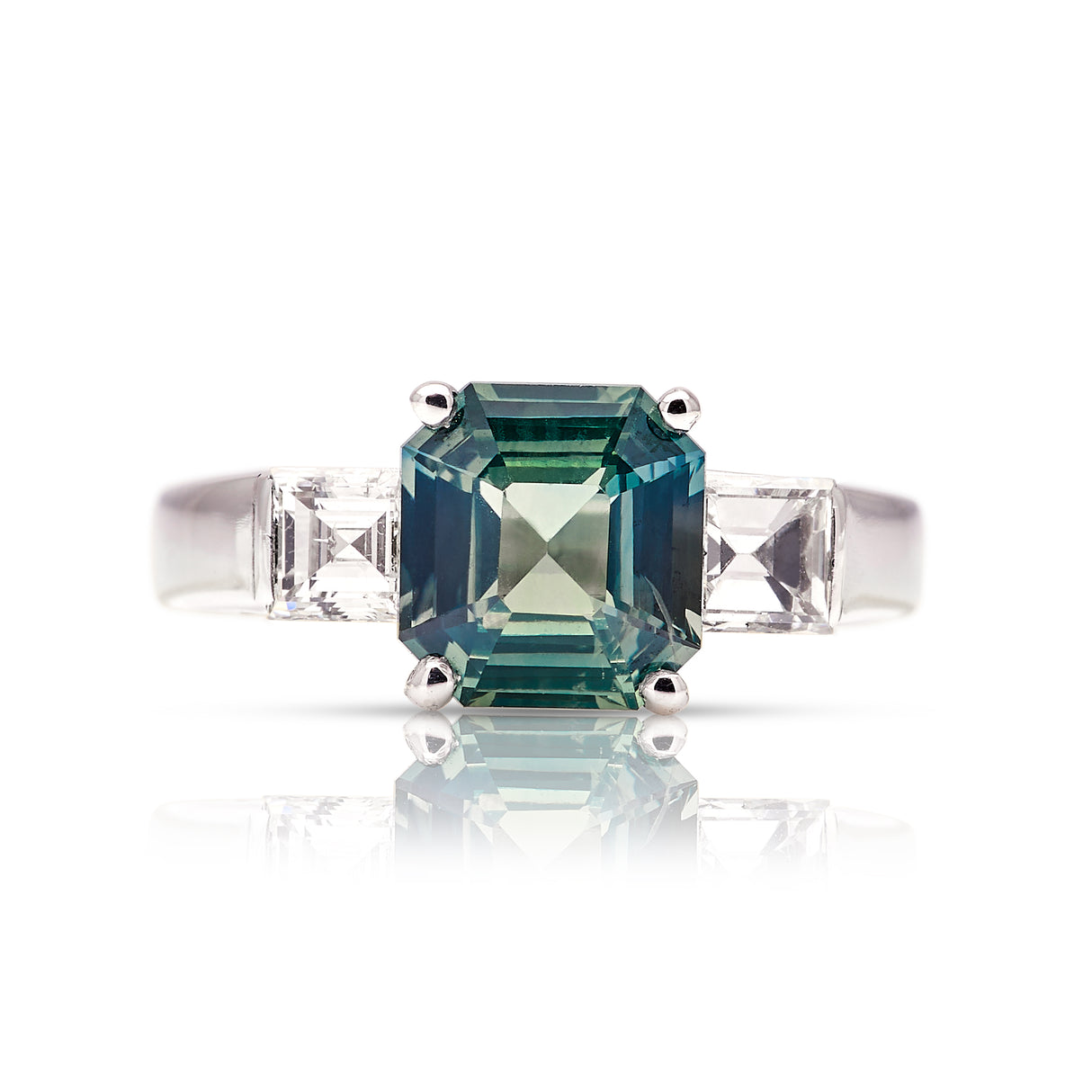 Vintage, 1930s teal sapphire & diamond three-stone ring