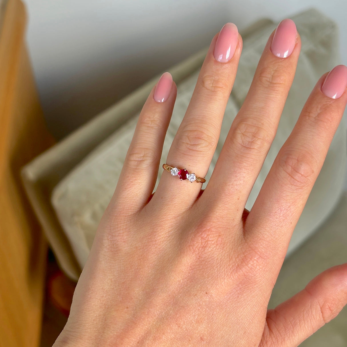 Vintage, 1980s ruby & diamond three-stone ring