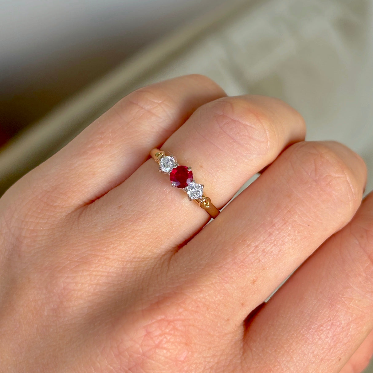 Vintage, 1980s ruby & diamond three-stone ring