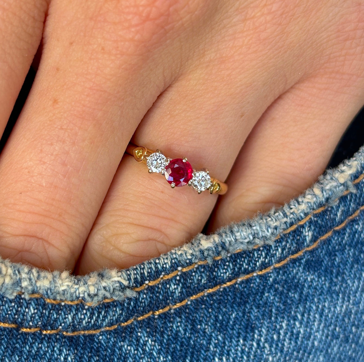 Vintage, 1980s ruby & diamond three-stone ring