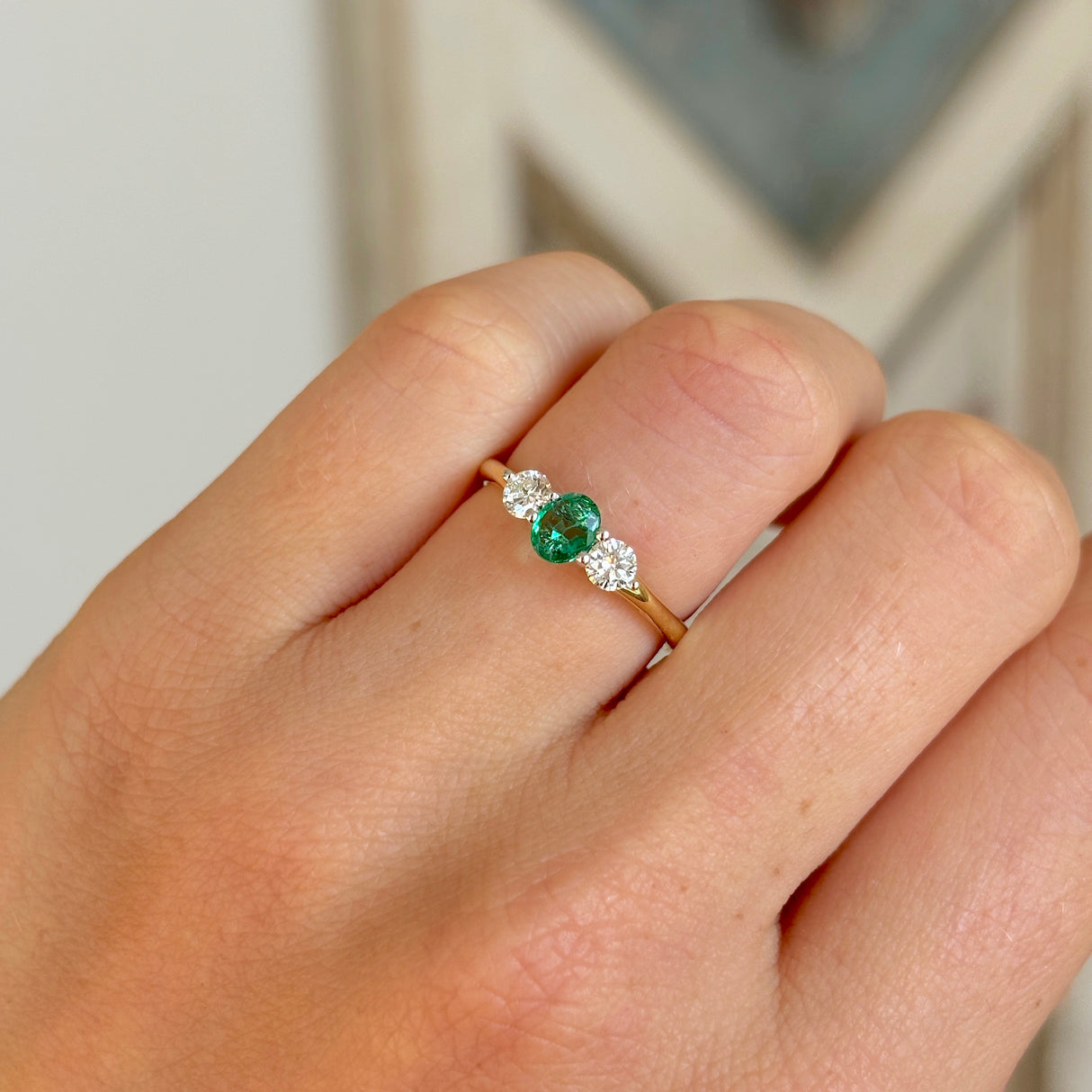 Vintage, 1970s emerald & diamond three-stone ring