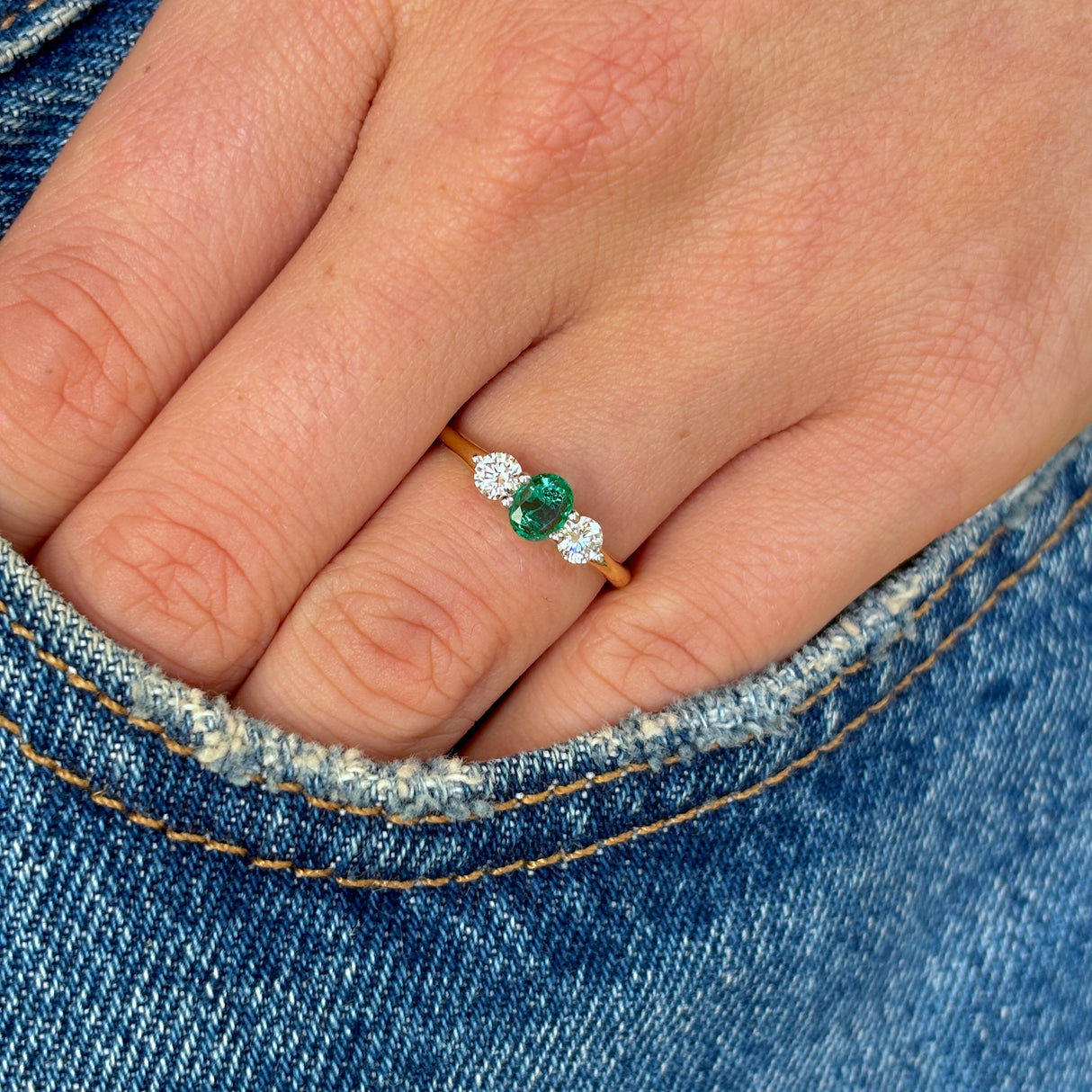 Vintage, 1970s emerald & diamond three-stone ring