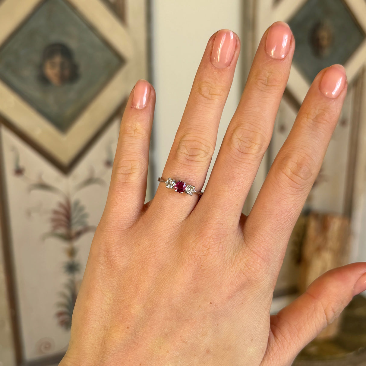 Vintage, 1930s ruby & diamond three-stone ring