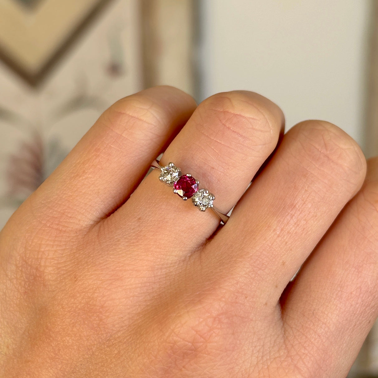 Vintage, 1930s ruby & diamond three-stone ring