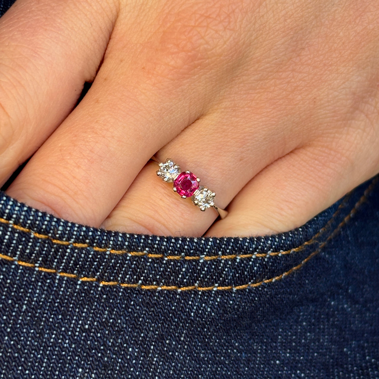 Vintage, 1930s ruby & diamond three-stone ring