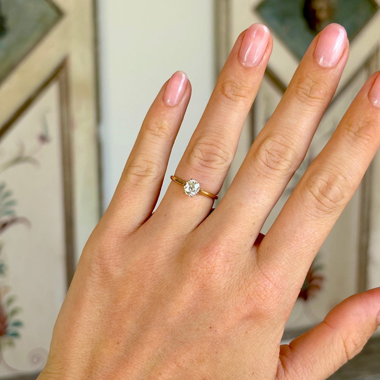 Vintage, old cushion-oval cut solitaire diamond ring