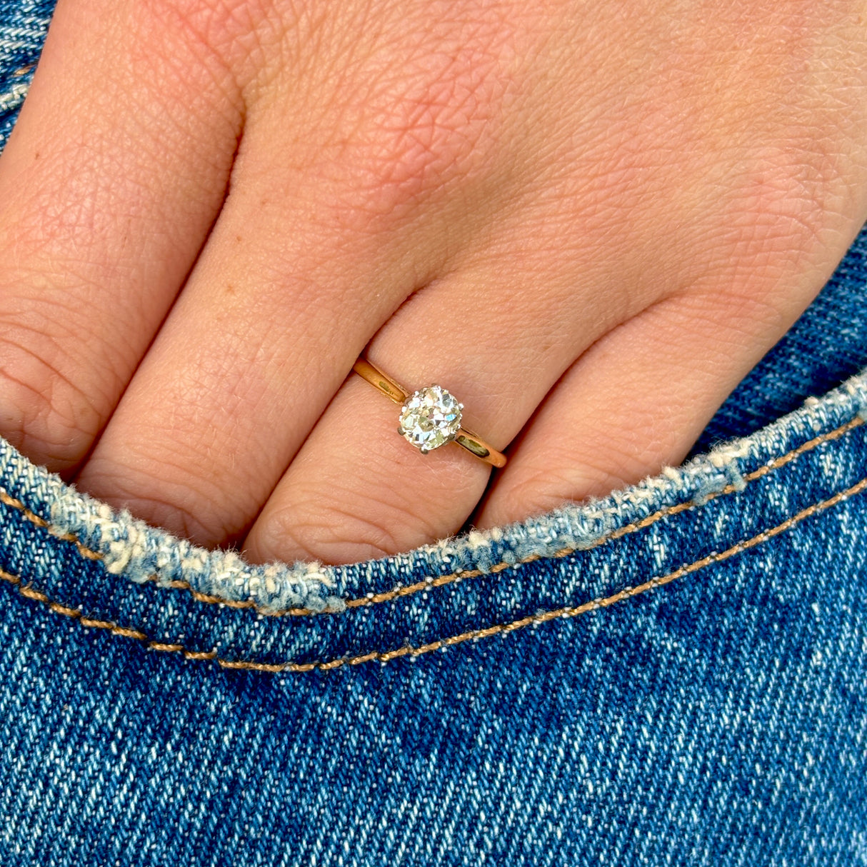 Vintage, old cushion-oval cut solitaire diamond ring