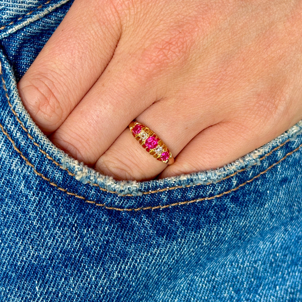 Antique, Edwardian pink sapphire & diamond five-stone ring, 18ct yellow gold