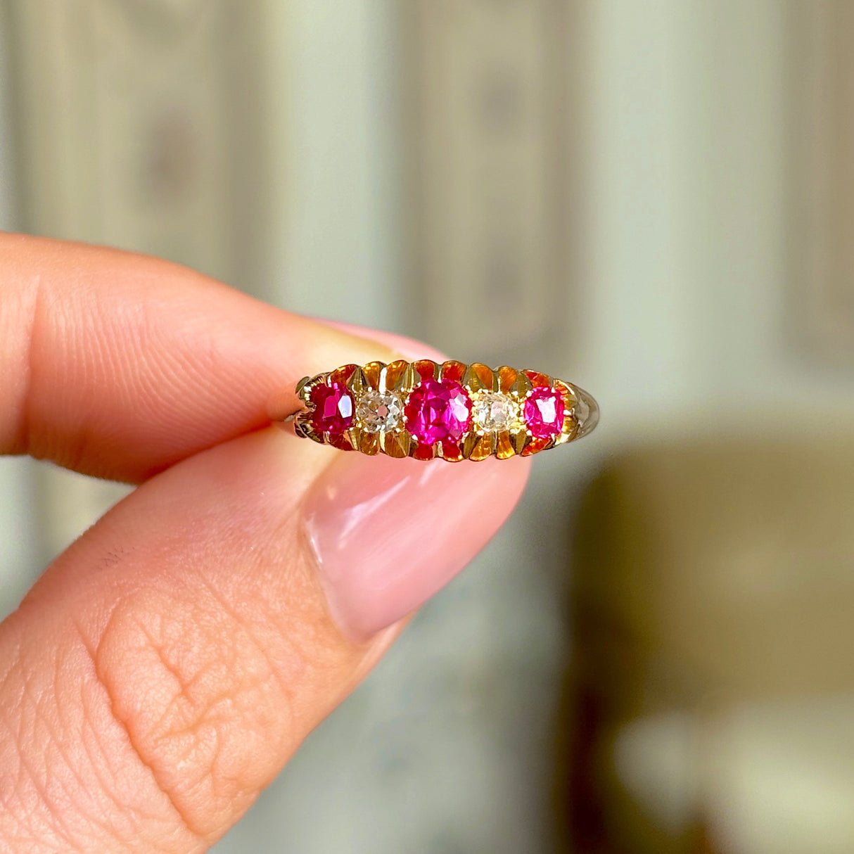 Antique, Edwardian pink sapphire & diamond five-stone ring, 18ct yellow gold
