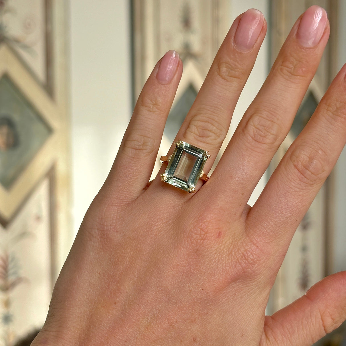 2110-Vintage, mid century green quartz cocktail ring worn on hand.