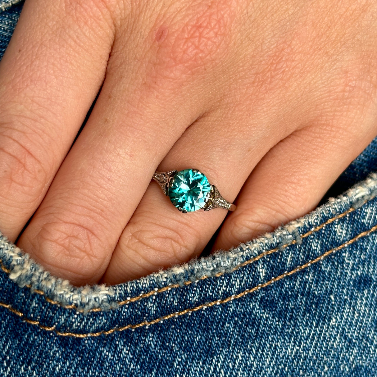 Vintage, Art Deco zircon ring, 18ct white gold worn on hand