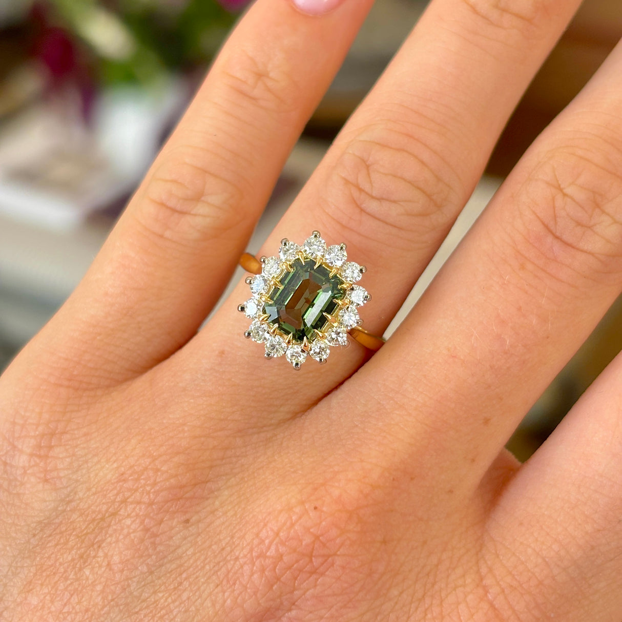 Vintage, 1970s 2ct teal-green sapphire & diamond cluster ring