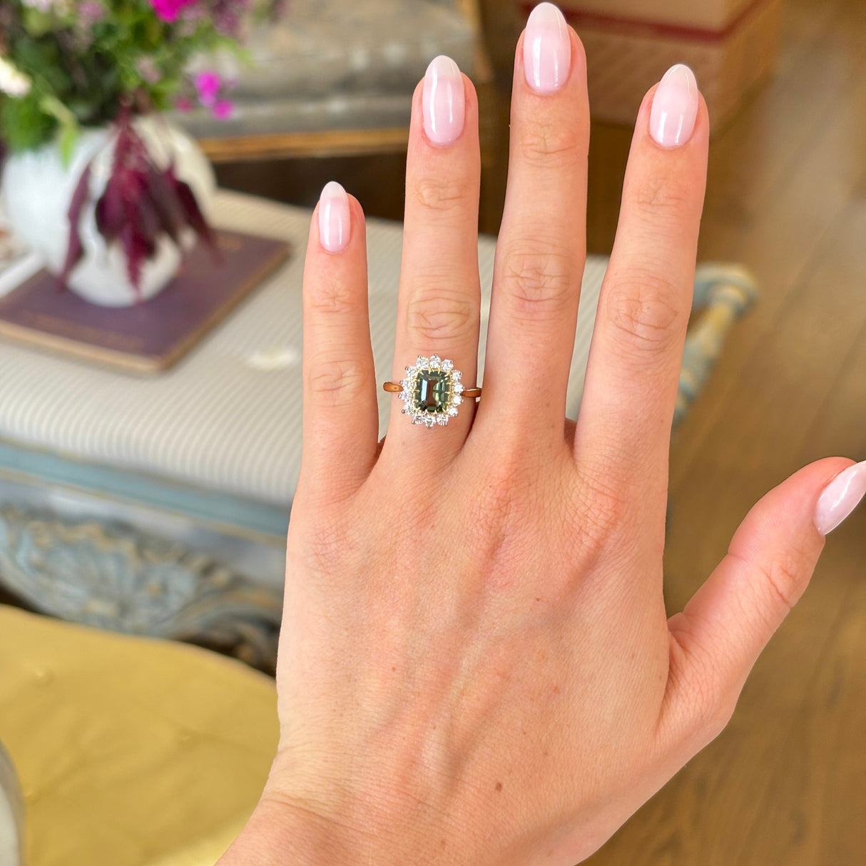 Vintage, 1970s 2ct teal-green sapphire & diamond cluster ring