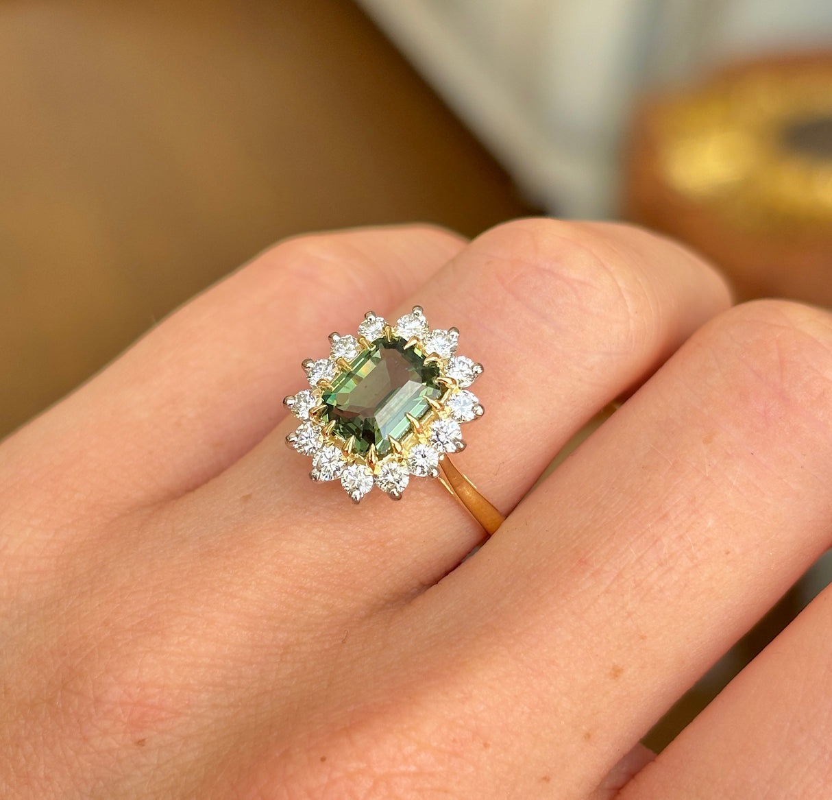 Vintage, 1970s 2ct teal-green sapphire & diamond cluster ring