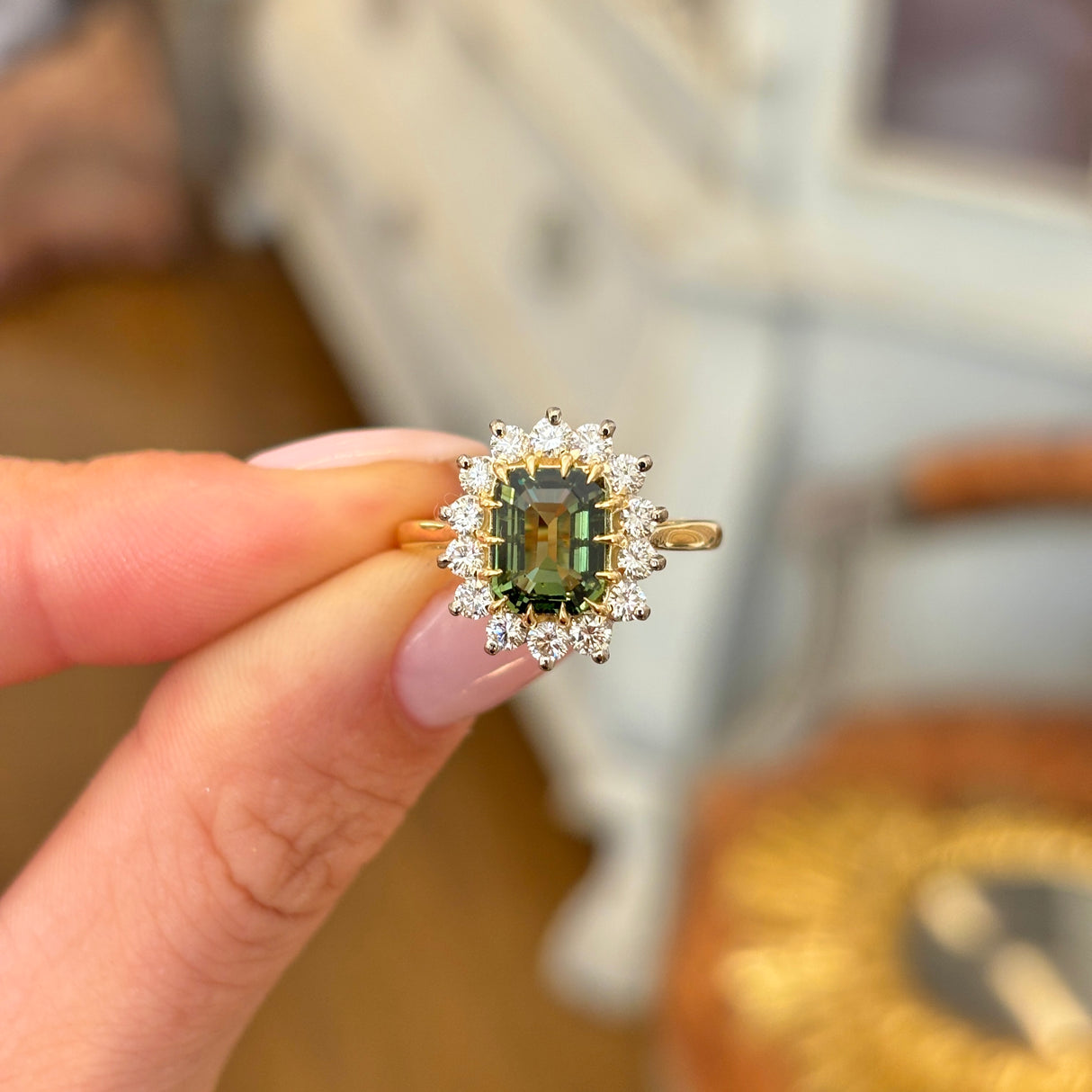 Vintage, 1970s 2ct teal-green sapphire & diamond cluster ring