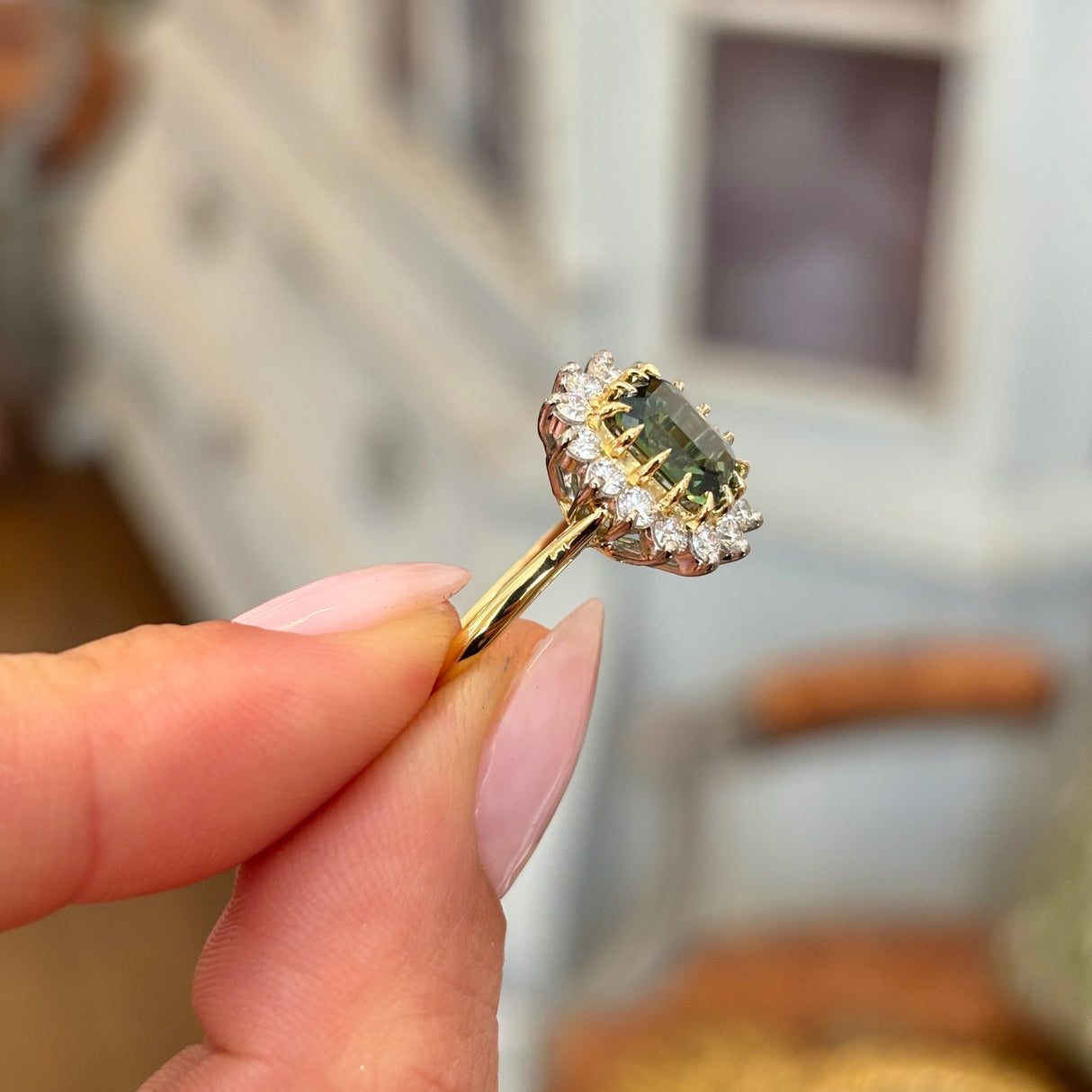 Vintage, 1970s 2ct teal-green sapphire & diamond cluster ring