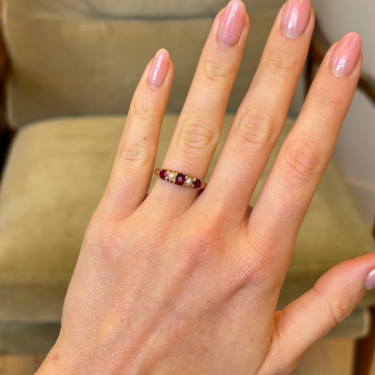 Antique, Victorian ruby & pearl five-stone ring