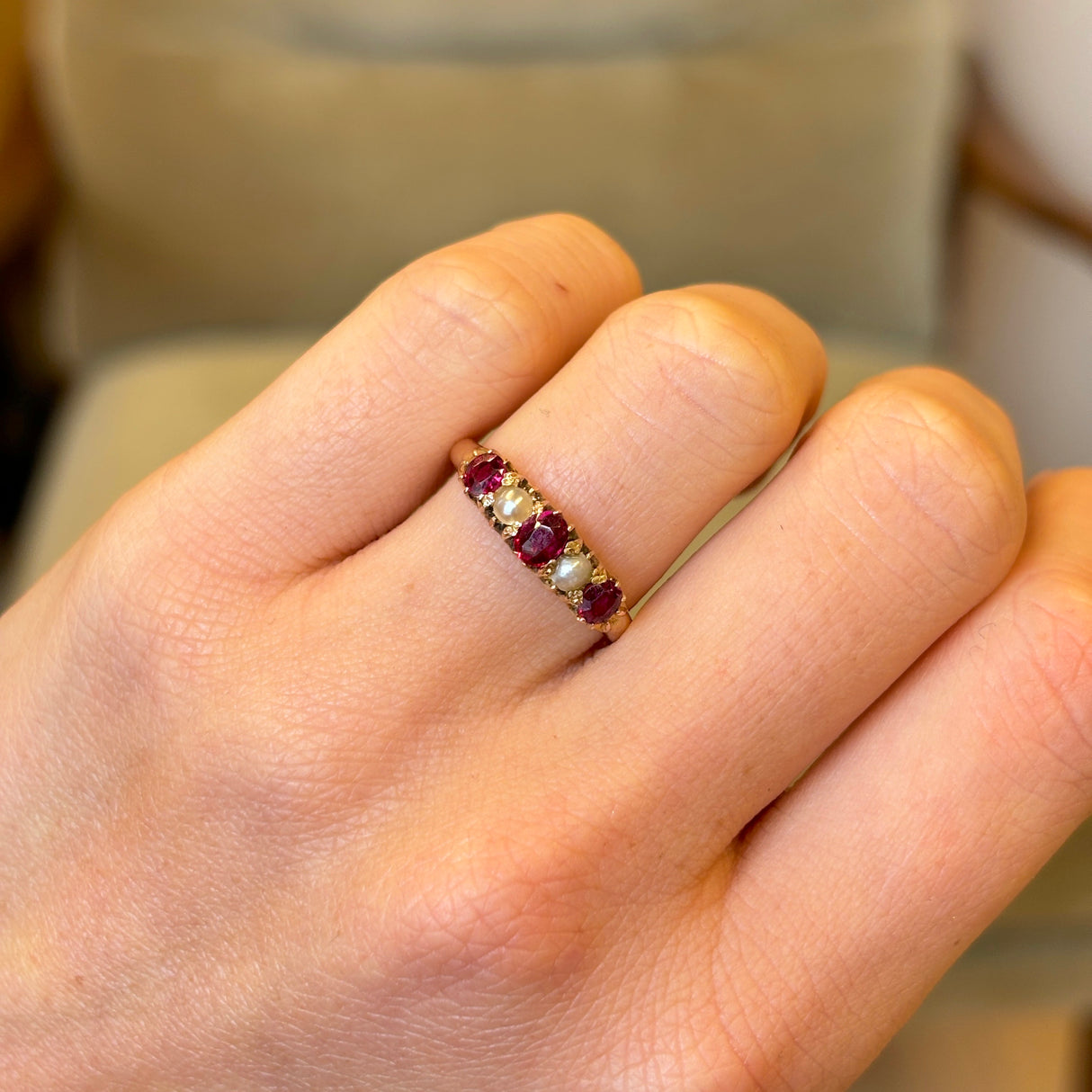 Antique, Victorian ruby & pearl five-stone ring