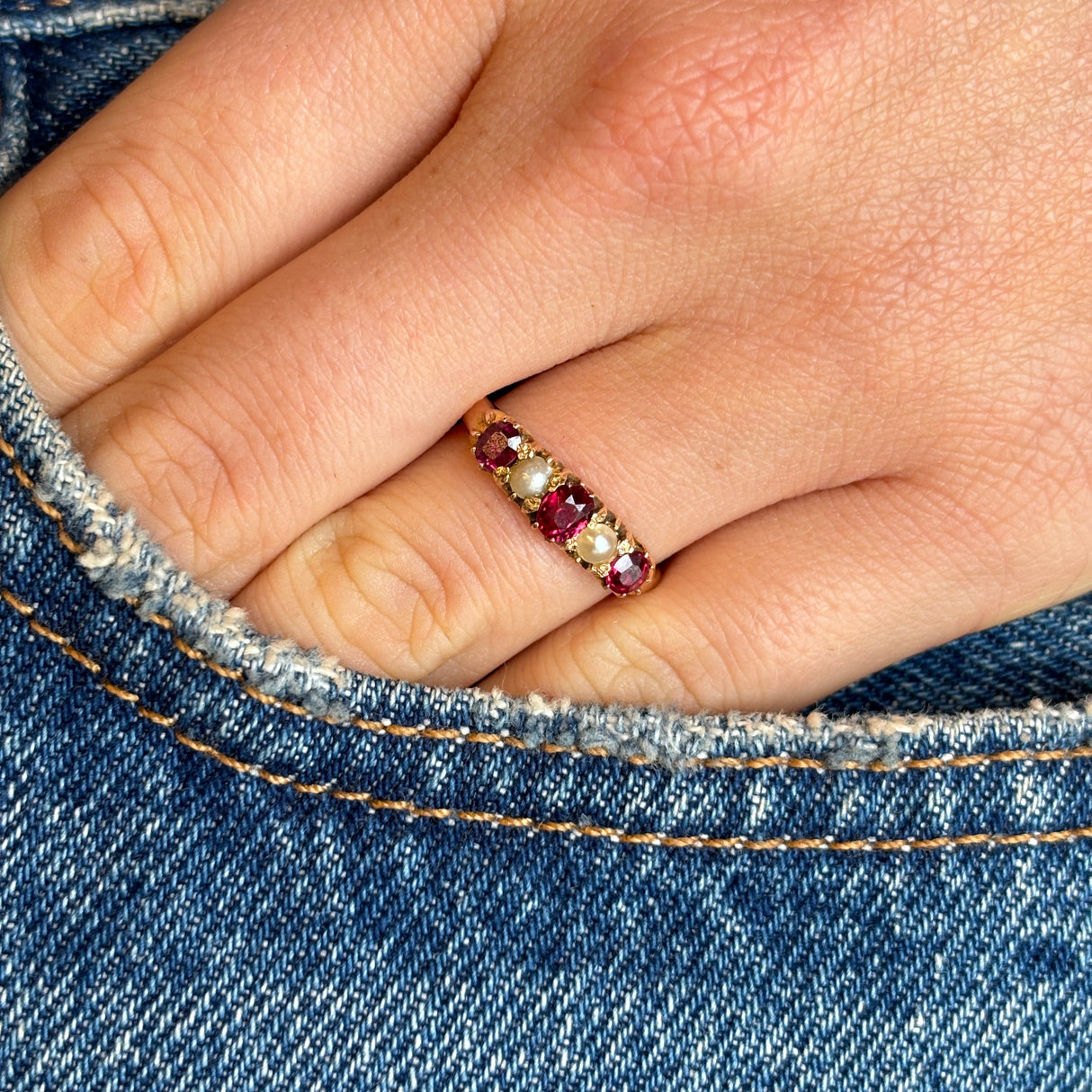 Antique, Victorian ruby & pearl five-stone ring