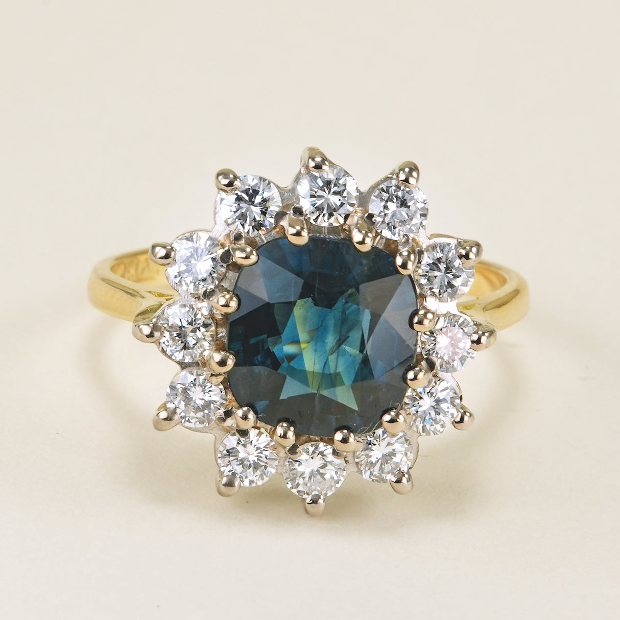 Vintage, 1940s deep teal & diamond cluster ring