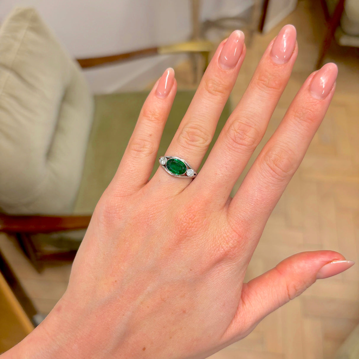 Vintage, 1940s green garnet & diamond three-stone ring