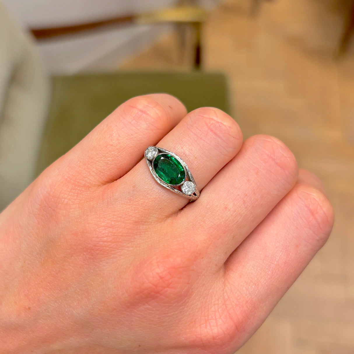 Vintage, 1940s green garnet & diamond three-stone ring