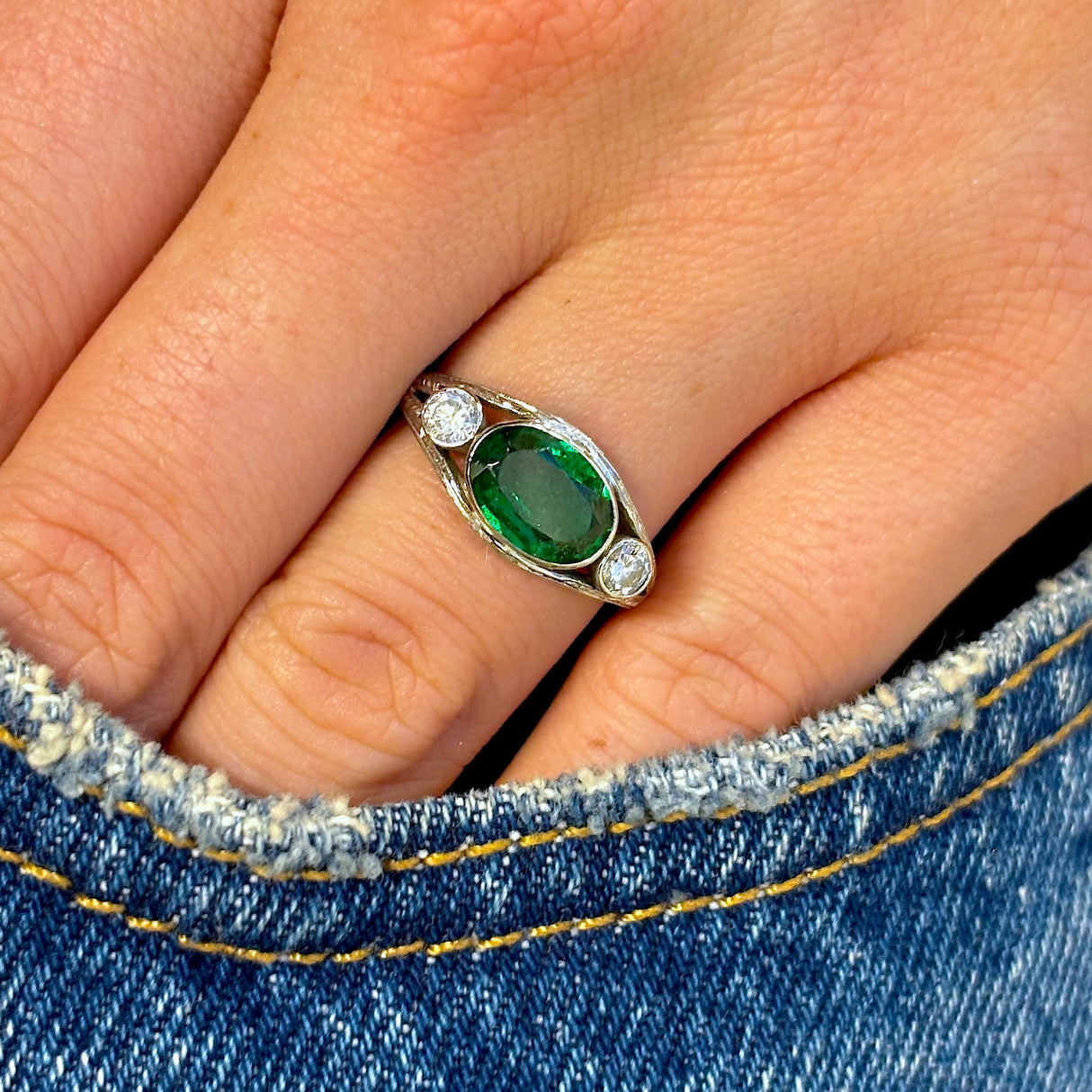 Vintage, 1940s green garnet & diamond three-stone ring